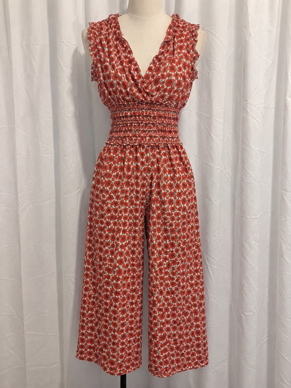 Max Studio Red Floral Smocked-Waist Jumpsuit